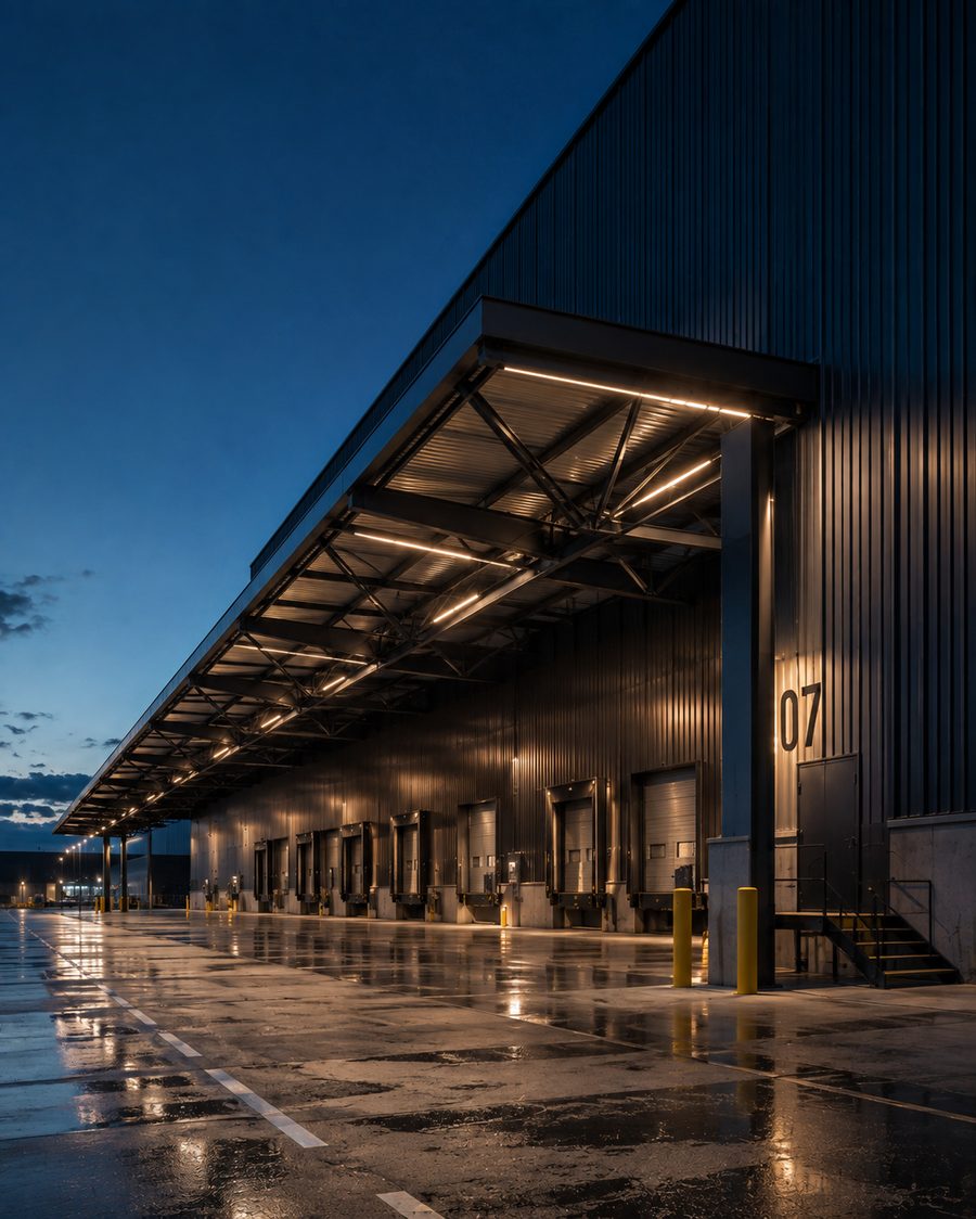 Planta industrial e logística ao anoitecer