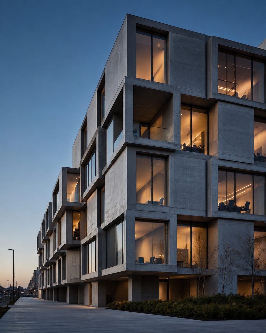Edifício de concreto em grade ao entardecer